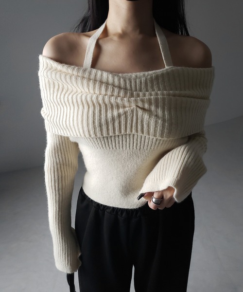 【 ３color 】タックデザインベルスリーブオフショルリブニット ／ tuck design bell sleeve off-shoulder lib knit（ニット/セーター）｜me+em select（ミームセレクト）