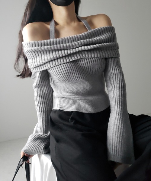 【 ３color 】タックデザインベルスリーブオフショルリブニット ／ tuck design bell sleeve off-shoulder lib knit（ニット/セーター）｜me+em select（ミームセレクト）