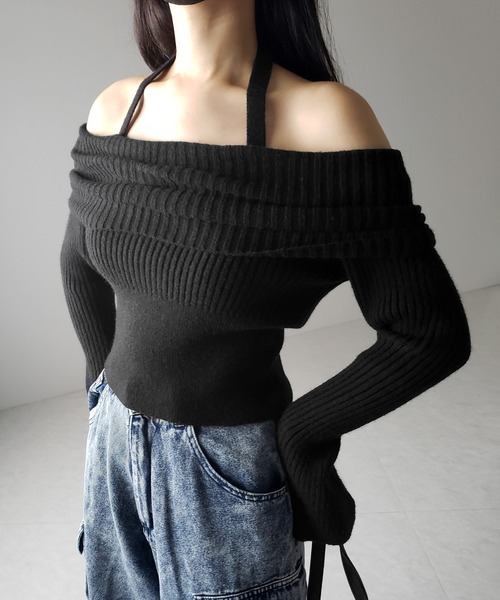 【 ３color 】タックデザインベルスリーブオフショルリブニット ／ tuck design bell sleeve off-shoulder lib knit（ニット/セーター）｜me+em select（ミームセレクト）