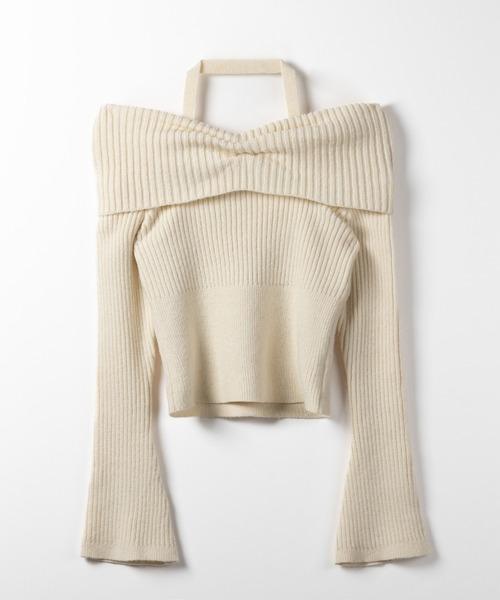 【 ３color 】タックデザインベルスリーブオフショルリブニット ／ tuck design bell sleeve off-shoulder lib knit（ニット/セーター）｜me+em select（ミームセレクト）