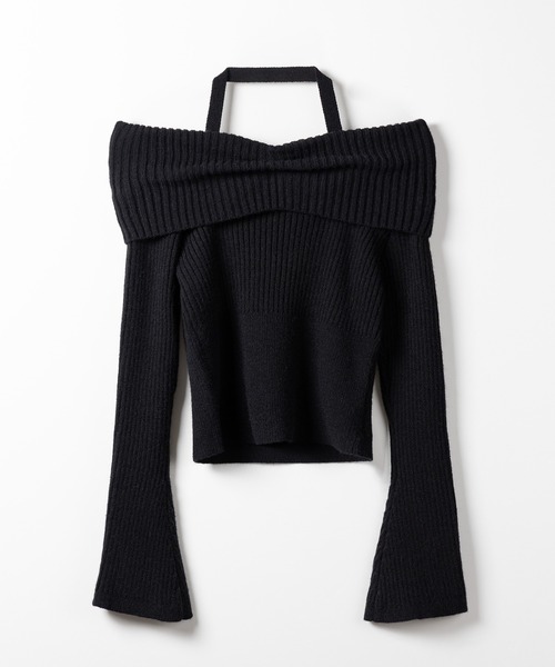 【 ３color 】タックデザインベルスリーブオフショルリブニット ／ tuck design bell sleeve off-shoulder lib knit（ニット/セーター）｜me+em select（ミームセレクト）