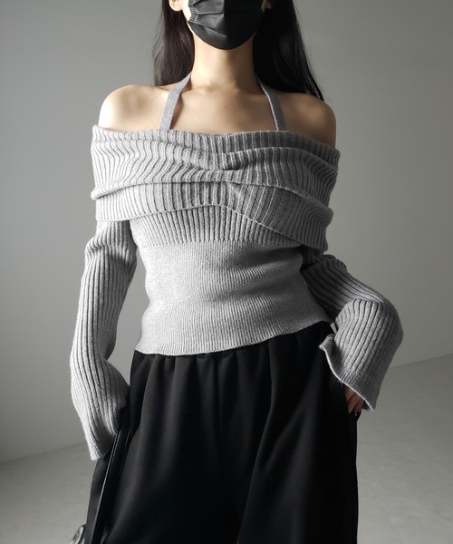 【 ３color 】タックデザインベルスリーブオフショルリブニット ／ tuck design bell sleeve off-shoulder lib knit（ニット/セーター）｜me+em select（ミームセレクト）