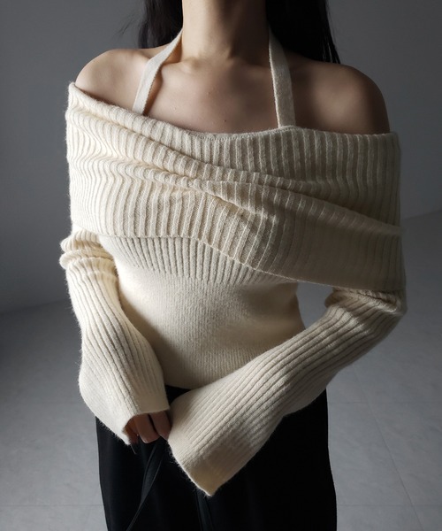 【 ３color 】タックデザインベルスリーブオフショルリブニット ／ tuck design bell sleeve off-shoulder lib knit（ニット/セーター）｜me+em select（ミームセレクト）