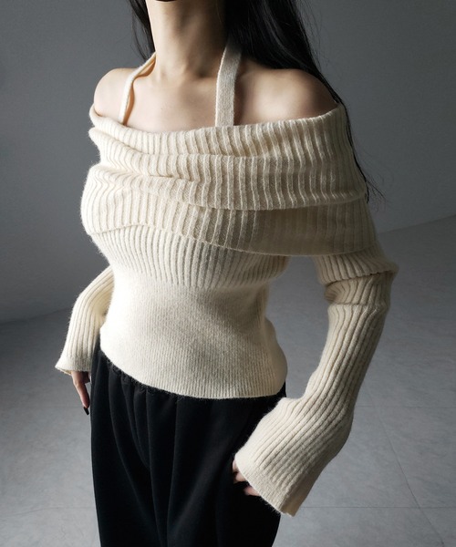【 ３color 】タックデザインベルスリーブオフショルリブニット ／ tuck design bell sleeve off-shoulder lib knit（ニット/セーター）｜me+em select（ミームセレクト）