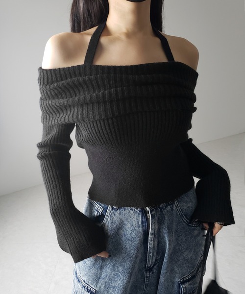 【 ３color 】タックデザインベルスリーブオフショルリブニット ／ tuck design bell sleeve off-shoulder lib knit（ニット/セーター）｜me+em select（ミームセレクト）