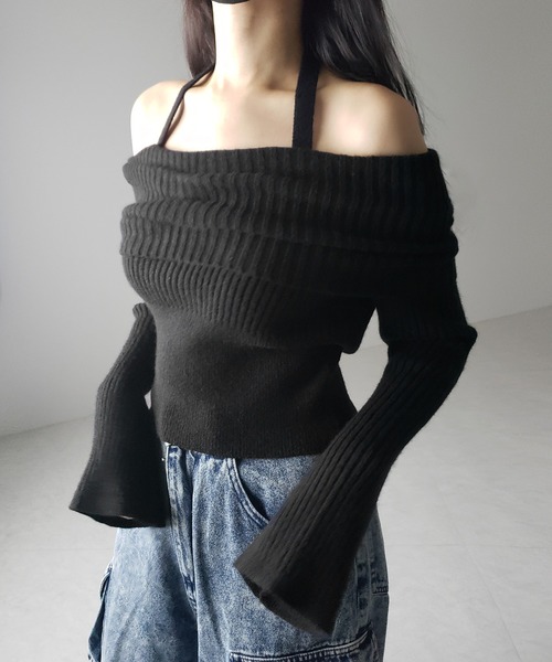 【 ３color 】タックデザインベルスリーブオフショルリブニット ／ tuck design bell sleeve off-shoulder lib knit（ニット/セーター）｜me+em select（ミームセレクト）