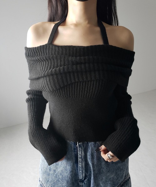 【 ３color 】タックデザインベルスリーブオフショルリブニット ／ tuck design bell sleeve off-shoulder lib knit（ニット/セーター）｜me+em select（ミームセレクト）