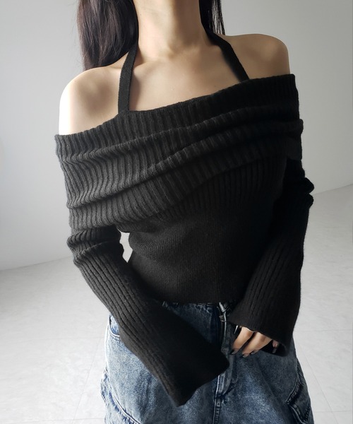 【 ３color 】タックデザインベルスリーブオフショルリブニット ／ tuck design bell sleeve off-shoulder lib knit（ニット/セーター）｜me+em select（ミームセレクト）
