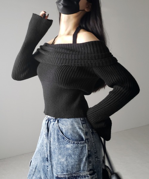 【 ３color 】タックデザインベルスリーブオフショルリブニット ／ tuck design bell sleeve off-shoulder lib knit（ニット/セーター）｜me+em select（ミームセレクト）