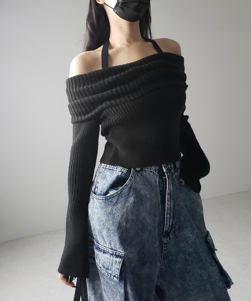 【 ３color 】タックデザインベルスリーブオフショルリブニット ／ tuck design bell sleeve off-shoulder lib knit（ニット/セーター）｜me+em select（ミームセレクト）