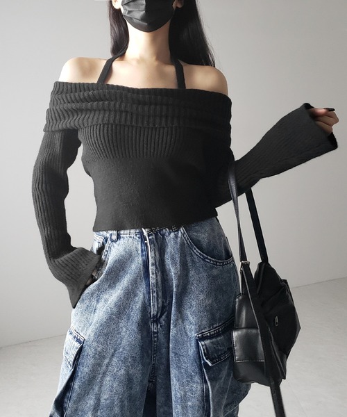 【 ３color 】タックデザインベルスリーブオフショルリブニット ／ tuck design bell sleeve off-shoulder lib knit（ニット/セーター）｜me+em select（ミームセレクト）