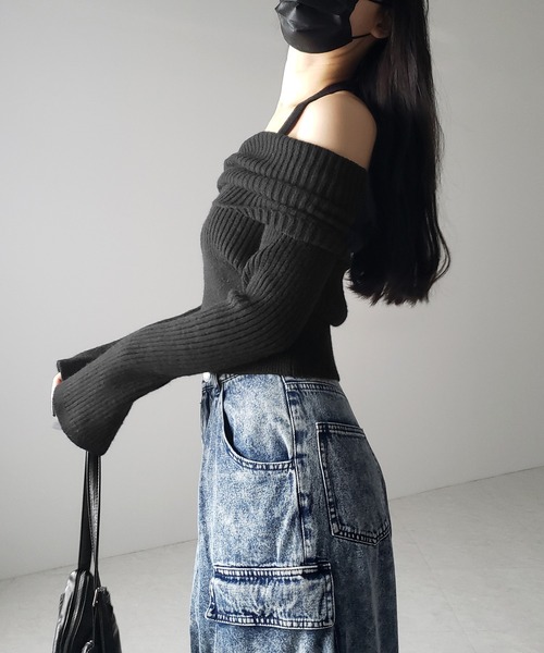 【 ３color 】タックデザインベルスリーブオフショルリブニット ／ tuck design bell sleeve off-shoulder lib knit（ニット/セーター）｜me+em select（ミームセレクト）