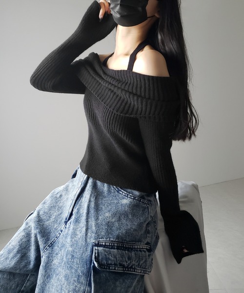 【 ３color 】タックデザインベルスリーブオフショルリブニット ／ tuck design bell sleeve off-shoulder lib knit（ニット/セーター）｜me+em select（ミームセレクト）