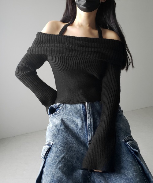 【 ３color 】タックデザインベルスリーブオフショルリブニット ／ tuck design bell sleeve off-shoulder lib knit（ニット/セーター）｜me+em select（ミームセレクト）