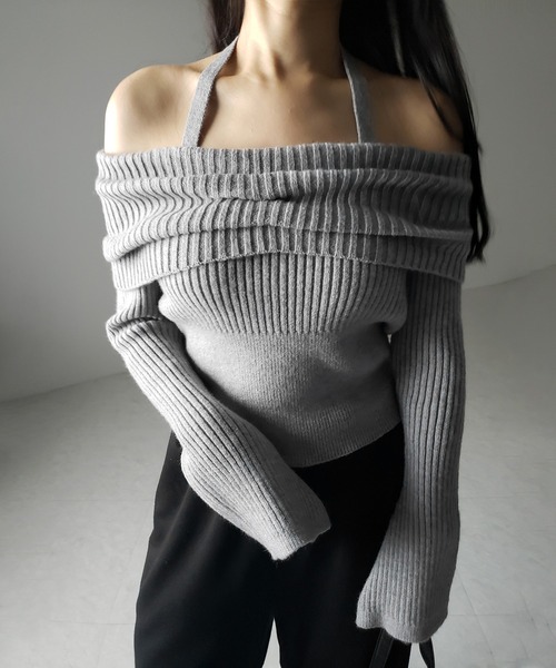 【 ３color 】タックデザインベルスリーブオフショルリブニット ／ tuck design bell sleeve off-shoulder lib knit（ニット/セーター）｜me+em select（ミームセレクト）
