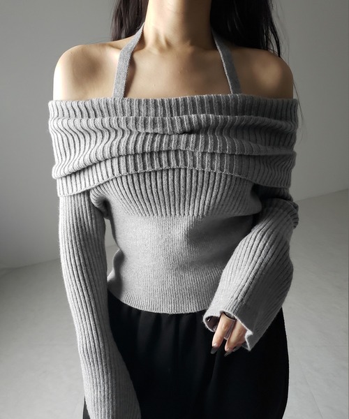 【 ３color 】タックデザインベルスリーブオフショルリブニット ／ tuck design bell sleeve off-shoulder lib knit（ニット/セーター）｜me+em select（ミームセレクト）