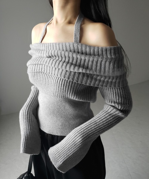 【 ３color 】タックデザインベルスリーブオフショルリブニット ／ tuck design bell sleeve off-shoulder lib knit（ニット/セーター）｜me+em select（ミームセレクト）