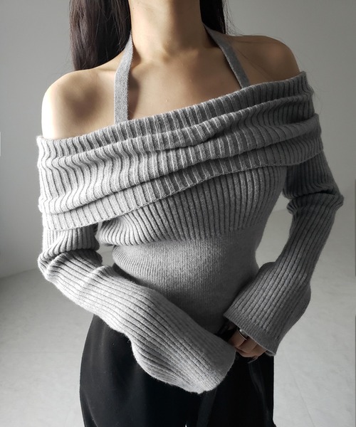 【 ３color 】タックデザインベルスリーブオフショルリブニット ／ tuck design bell sleeve off-shoulder lib knit（ニット/セーター）｜me+em select（ミームセレクト）