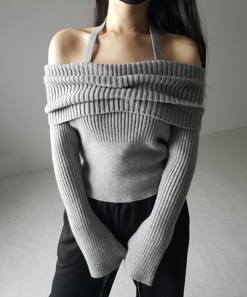 【 ３color 】タックデザインベルスリーブオフショルリブニット ／ tuck design bell sleeve off-shoulder lib knit（ニット/セーター）｜me+em select（ミームセレクト）
