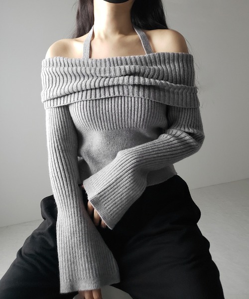 【 ３color 】タックデザインベルスリーブオフショルリブニット ／ tuck design bell sleeve off-shoulder lib knit（ニット/セーター）｜me+em select（ミームセレクト）