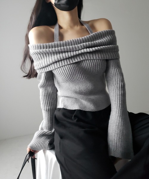 【 ３color 】タックデザインベルスリーブオフショルリブニット ／ tuck design bell sleeve off-shoulder lib knit（ニット/セーター）｜me+em select（ミームセレクト）