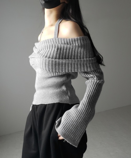 【 ３color 】タックデザインベルスリーブオフショルリブニット ／ tuck design bell sleeve off-shoulder lib knit（ニット/セーター）｜me+em select（ミームセレクト）