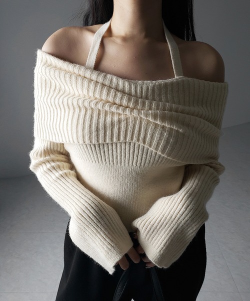 【 ３color 】タックデザインベルスリーブオフショルリブニット ／ tuck design bell sleeve off-shoulder lib knit（ニット/セーター）｜me+em select（ミームセレクト）