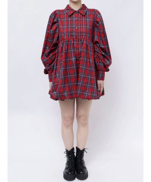 【セール】シャツカラーバルーンチェックミニワンピース（ワンピース）｜jouetie（ジュエティ）