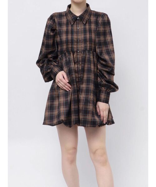 【セール】シャツカラーバルーンチェックミニワンピース（ワンピース）｜jouetie（ジュエティ）