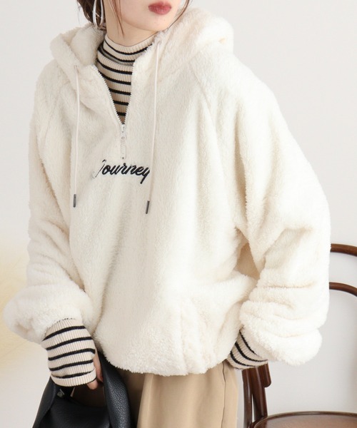 FUNALIVE（ファンアライブ）の「Double face boa half ZIP pullover hoodie / ダブルフェイス ボアハーフZIPプルオーバーパーカー unisex（パーカー・メンズ・グレー/ブラック/ブルーグリーン/ホワイト・M/L）」の2枚目の写真
