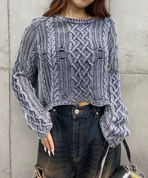 【セール】ショート丈ダメージケーブルニット(Tシャツ/カットソー)|ROGER AND RAW(ロジャーアンドロウ) 【セール】ショート丈ダメージケーブルニット(Tシャツ/カットソー)|ROGER AND RAW(ロジャーアンドロウ)