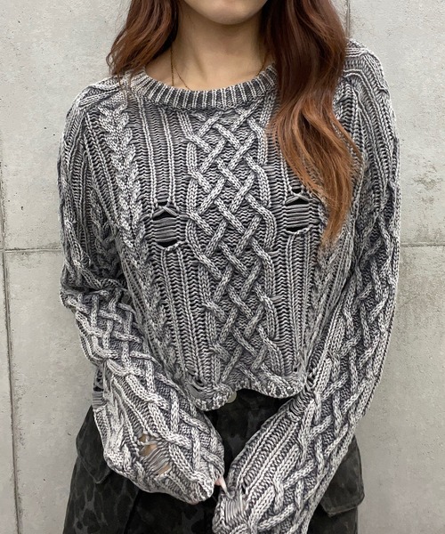 【セール】ショート丈ダメージケーブルニット（Tシャツ/カットソー）｜ROGER AND RAW（ロジャーアンドロウ） 5,599円