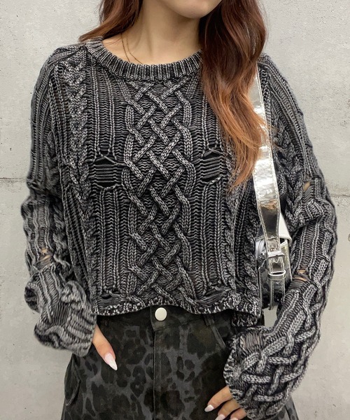 【セール】ショート丈ダメージケーブルニット(Tシャツ/カットソー)|ROGER AND RAW(ロジャーアンドロウ) 【セール】ショート丈ダメージケーブルニット(Tシャツ/カットソー)|ROGER AND RAW(ロジャーアンドロウ)