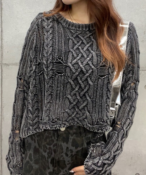 【セール】ショート丈ダメージケーブルニット(Tシャツ/カットソー)|ROGER AND RAW(ロジャーアンドロウ) 【セール】ショート丈ダメージケーブルニット(Tシャツ/カットソー)|ROGER AND RAW(ロジャーアンドロウ)