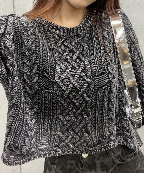 【セール】ショート丈ダメージケーブルニット(Tシャツ/カットソー)|ROGER AND RAW(ロジャーアンドロウ) 【セール】ショート丈ダメージケーブルニット(Tシャツ/カットソー)|ROGER AND RAW(ロジャーアンドロウ)