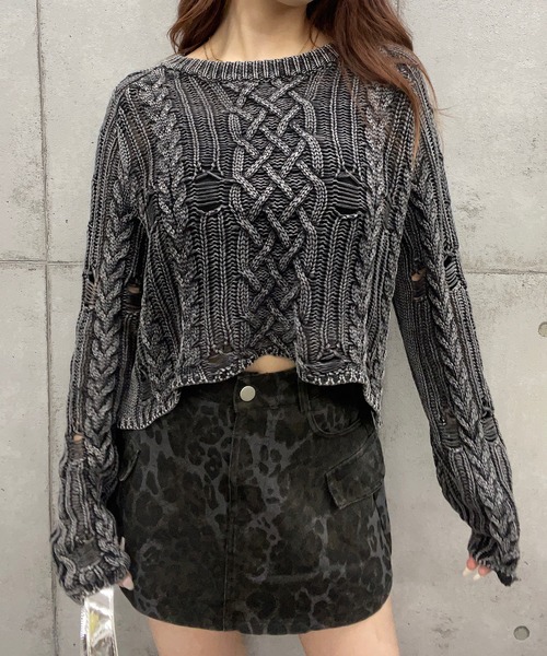 【セール】ショート丈ダメージケーブルニット(Tシャツ/カットソー)|ROGER AND RAW(ロジャーアンドロウ) 【セール】ショート丈ダメージケーブルニット(Tシャツ/カットソー)|ROGER AND RAW(ロジャーアンドロウ)