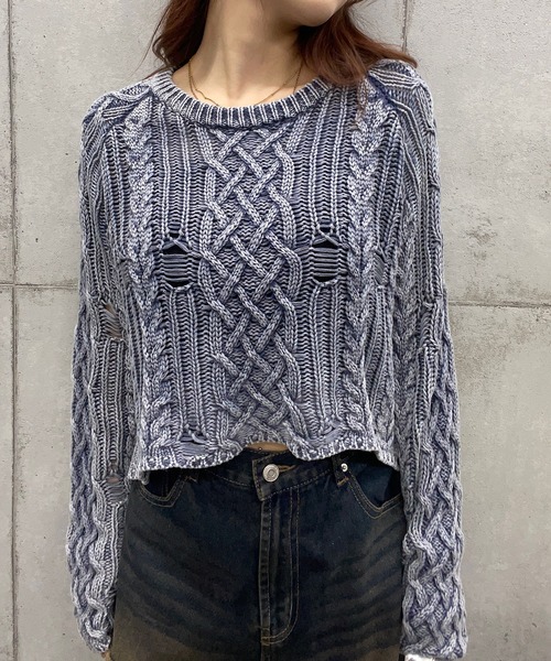 【セール】ショート丈ダメージケーブルニット(Tシャツ/カットソー)|ROGER AND RAW(ロジャーアンドロウ) 【セール】ショート丈ダメージケーブルニット(Tシャツ/カットソー)|ROGER AND RAW(ロジャーアンドロウ)