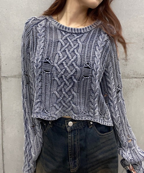 【セール】ショート丈ダメージケーブルニット(Tシャツ/カットソー)|ROGER AND RAW(ロジャーアンドロウ) 【セール】ショート丈ダメージケーブルニット(Tシャツ/カットソー)|ROGER AND RAW(ロジャーアンドロウ)