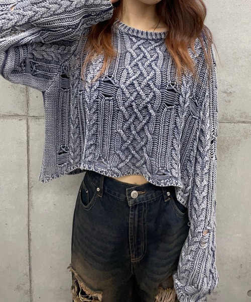【セール】ショート丈ダメージケーブルニット(Tシャツ/カットソー)|ROGER AND RAW(ロジャーアンドロウ) 【セール】ショート丈ダメージケーブルニット(Tシャツ/カットソー)|ROGER AND RAW(ロジャーアンドロウ)