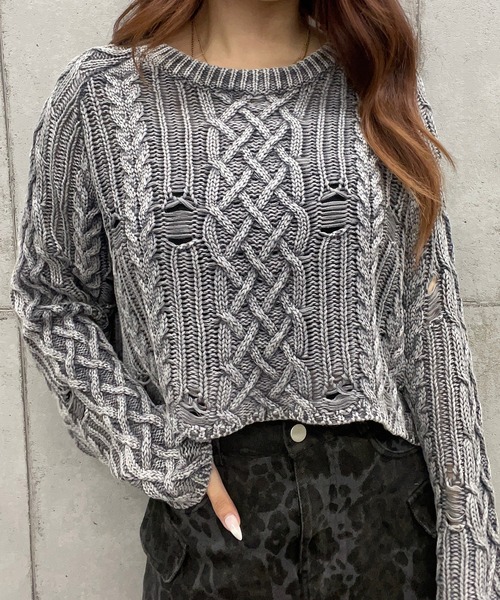 【セール】ショート丈ダメージケーブルニット(Tシャツ/カットソー)|ROGER AND RAW(ロジャーアンドロウ) 【セール】ショート丈ダメージケーブルニット(Tシャツ/カットソー)|ROGER AND RAW(ロジャーアンドロウ)