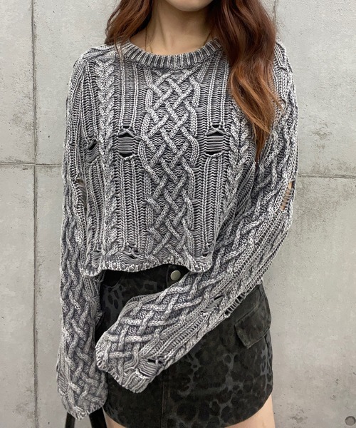 【セール】ショート丈ダメージケーブルニット(Tシャツ/カットソー)|ROGER AND RAW(ロジャーアンドロウ) 【セール】ショート丈ダメージケーブルニット(Tシャツ/カットソー)|ROGER AND RAW(ロジャーアンドロウ)
