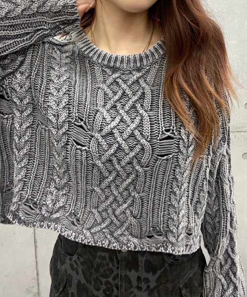 【セール】ショート丈ダメージケーブルニット(Tシャツ/カットソー)|ROGER AND RAW(ロジャーアンドロウ) 【セール】ショート丈ダメージケーブルニット(Tシャツ/カットソー)|ROGER AND RAW(ロジャーアンドロウ)