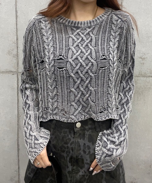 【セール】ショート丈ダメージケーブルニット(Tシャツ/カットソー)|ROGER AND RAW(ロジャーアンドロウ) 【セール】ショート丈ダメージケーブルニット(Tシャツ/カットソー)|ROGER AND RAW(ロジャーアンドロウ)