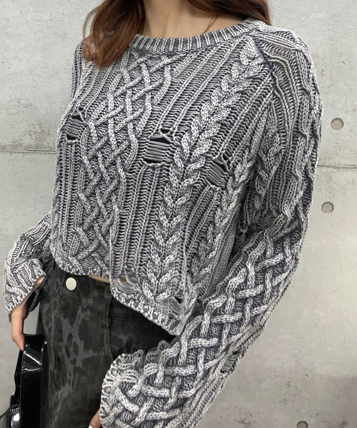 【セール】ショート丈ダメージケーブルニット(Tシャツ/カットソー)|ROGER AND RAW(ロジャーアンドロウ) 【セール】ショート丈ダメージケーブルニット(Tシャツ/カットソー)|ROGER AND RAW(ロジャーアンドロウ)