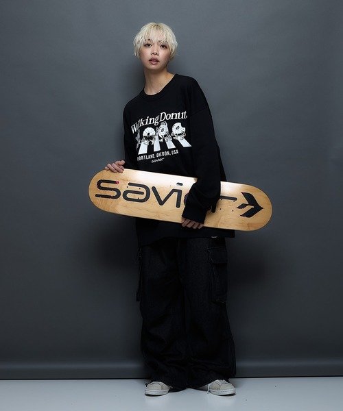 JEANS MATE(ジーンズメイト)の「【SAVIER/サビアー】WALKING DONUTSコラボ / 前面プリント ビッグシルエット スウェットトレーナー ワンポイント刺繍 ブランドロゴ(スウェット・メンズ・杢グレー/ブラック・MEDIUM/LARGE)」の6枚目の写真