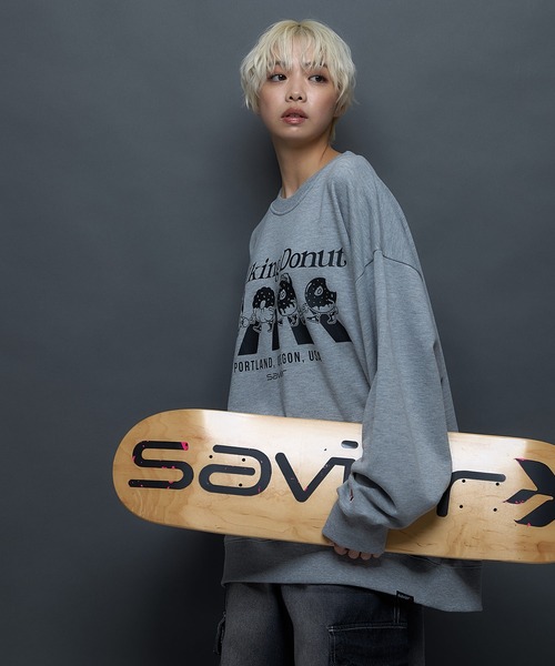 JEANS MATE(ジーンズメイト)の「【SAVIER/サビアー】WALKING DONUTSコラボ / 前面プリント ビッグシルエット スウェットトレーナー ワンポイント刺繍 ブランドロゴ(スウェット・メンズ・杢グレー/ブラック・MEDIUM/LARGE)」の8枚目の写真