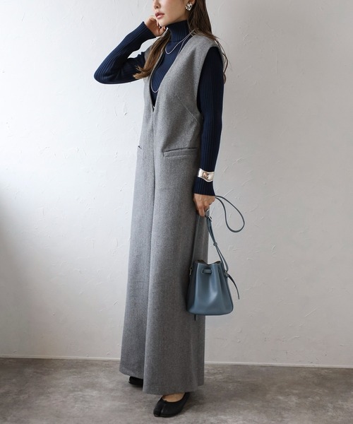 ウールタッチVネックオールインワン（つなぎ/オールインワン）｜Bonjour Sagan（ボンジュールサガン）