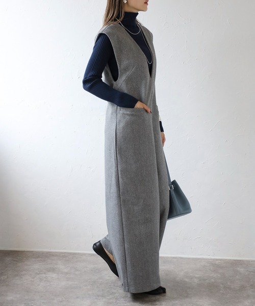 ウールタッチVネックオールインワン（つなぎ/オールインワン）｜Bonjour Sagan（ボンジュールサガン）