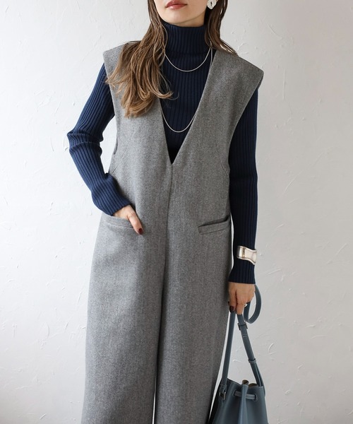 セール】ウールタッチVネックオールインワン（つなぎ