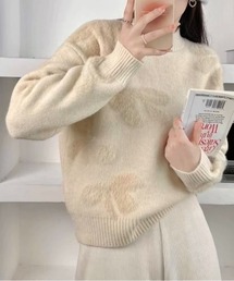 リボン柄モックネックニット